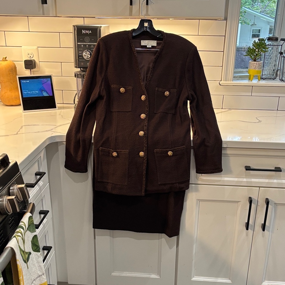 St. John Dark Brown Skirt Suit with Gold Accents